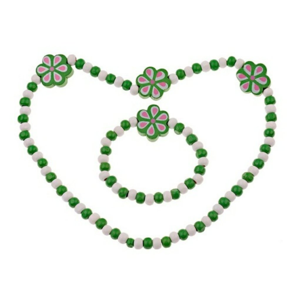 Wooden Beaded Handmade Green Flowers Necklace & Bracelet Set